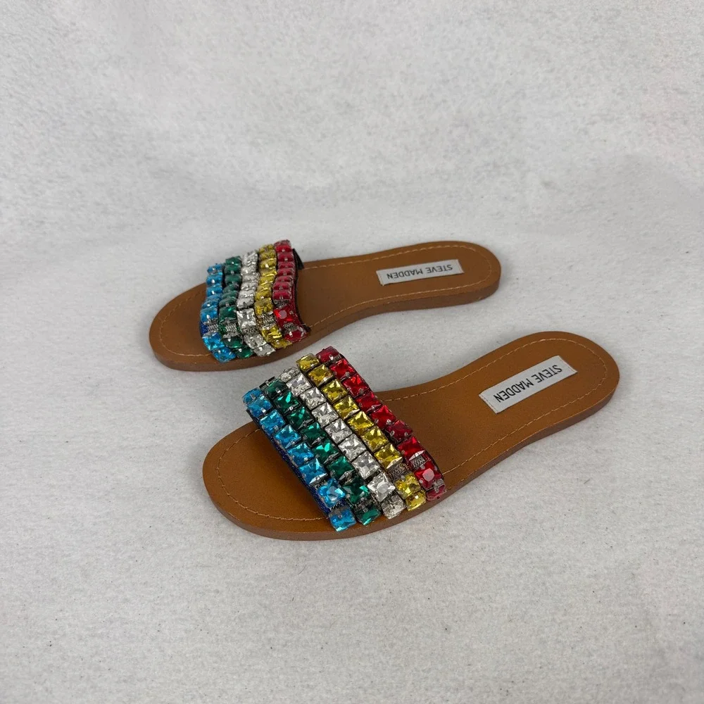 Steve Madden Serenade Slide Sandals Womens 6M‎ Rainbow Rhinestone Multi Color